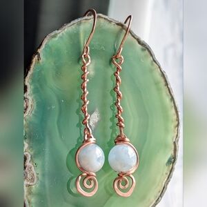 Aquamarine Gemstone Earrings Artisan Copper Bar Elegant Dangle Drop